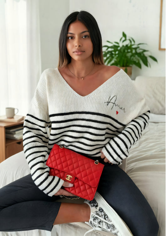 Pullover „Élodie“ – Gestreifter V-Ausschnitt Pullover