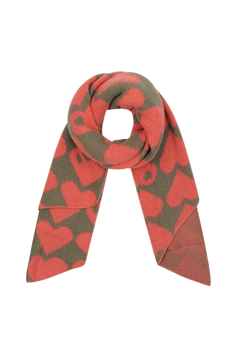 Weicher Schal in Khaki mit coralfarbenen Herzen
