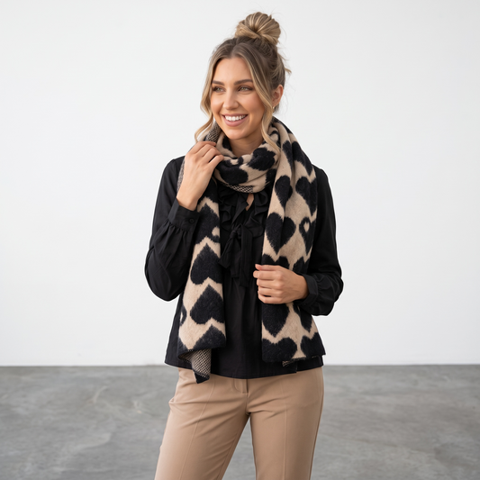 Weicher Schal in beige mit schwarzen Herzen