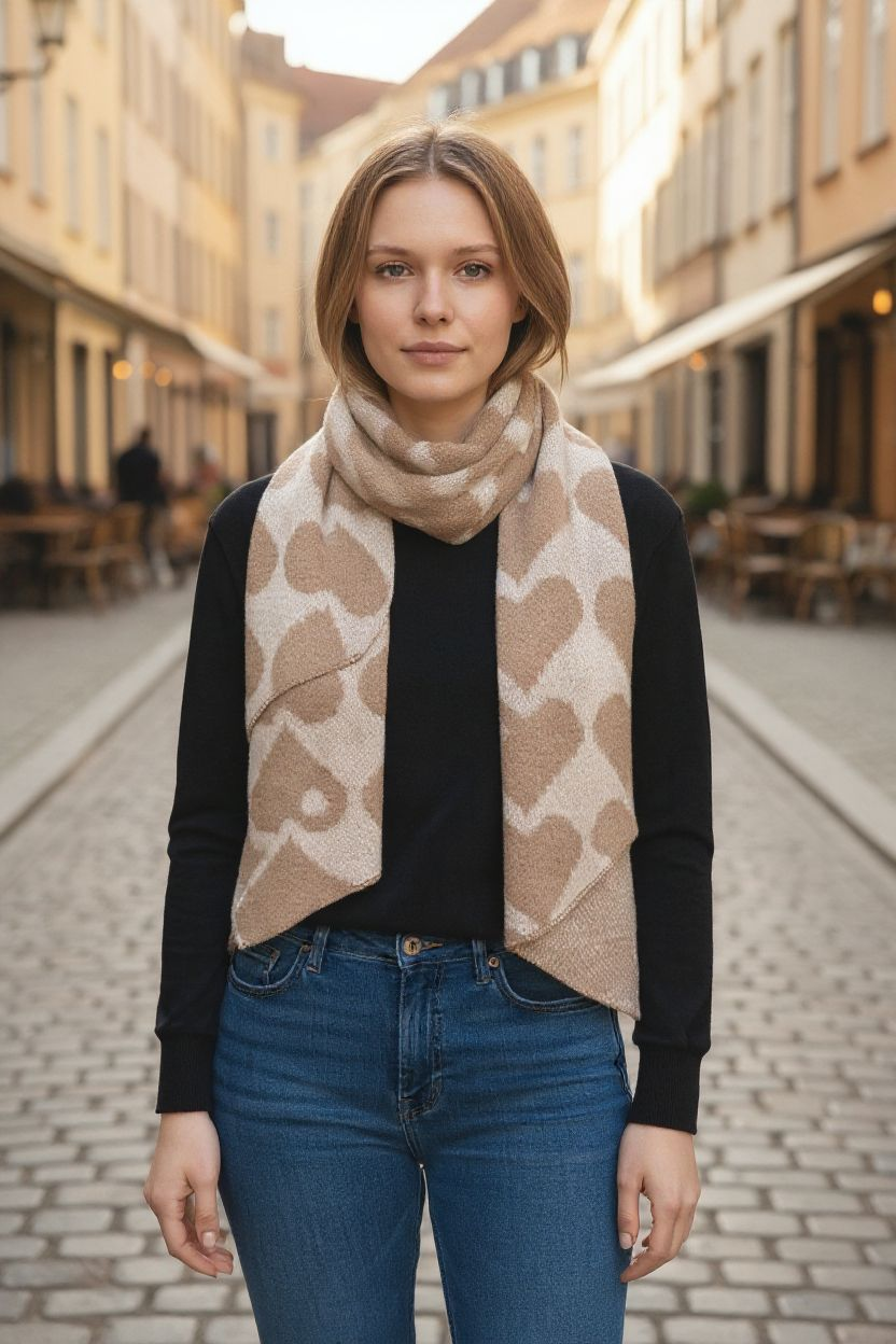 Weicher Schal in beige mit Kamel Herzen