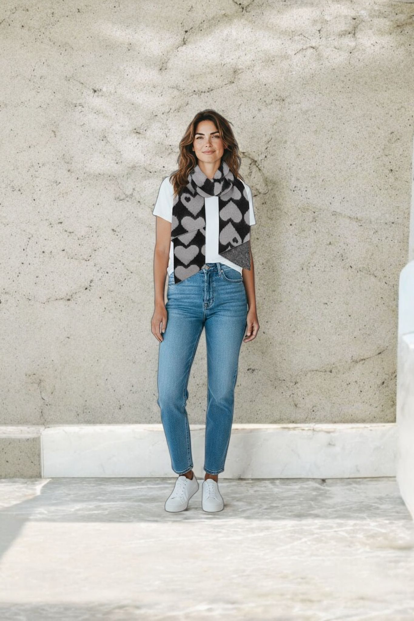 Weicher Schal in schwarz mit grauen  Herzen